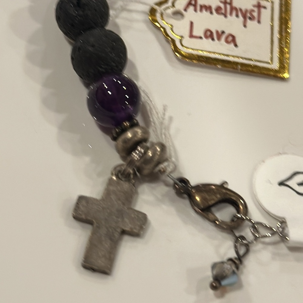 Beautiful handcrafted artisan adjustable amethyst bracelet w/ silver cross charm